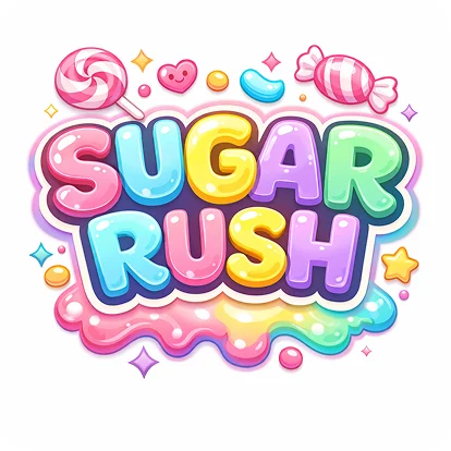 Яркий объёмный логотип Sugar Rush с конфетами и пастельными буквами